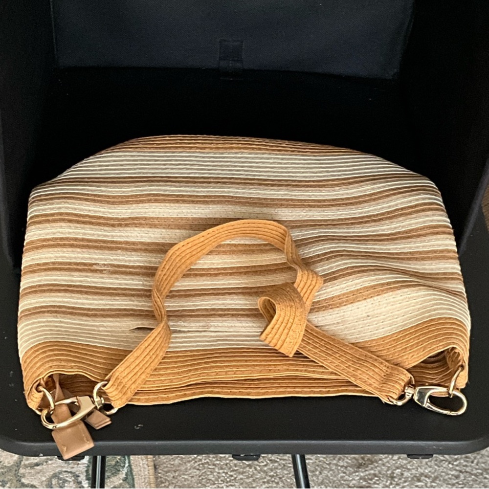 Striped Canvas Shoulder Bag in Tan and Cream